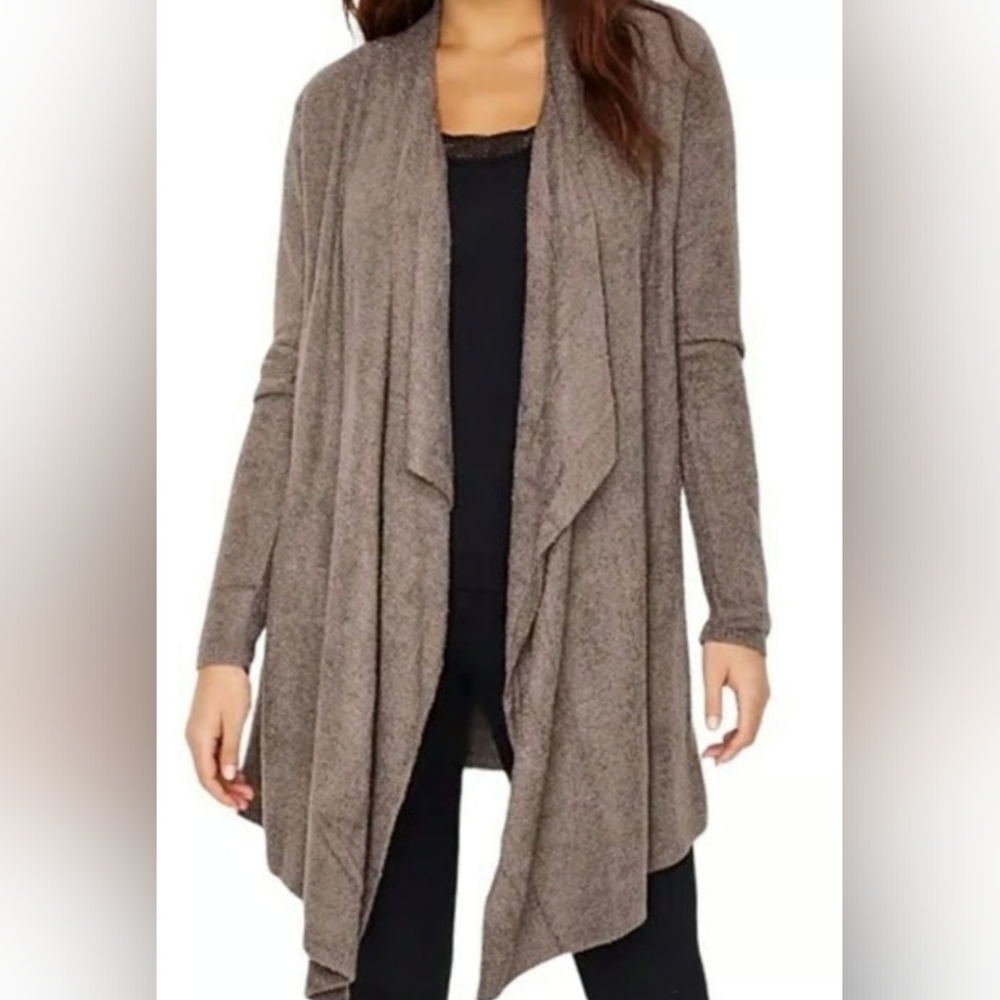 Barefoot Dreams Draped Open Front Cardigan in Taupe Brown, Size S/M